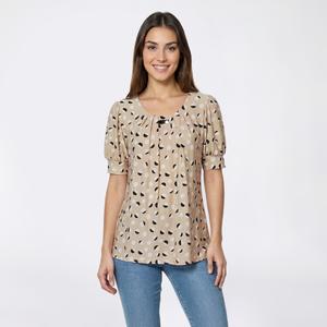 Womens Notations Short Puff Sleeve Dot Bar Neck Blouse